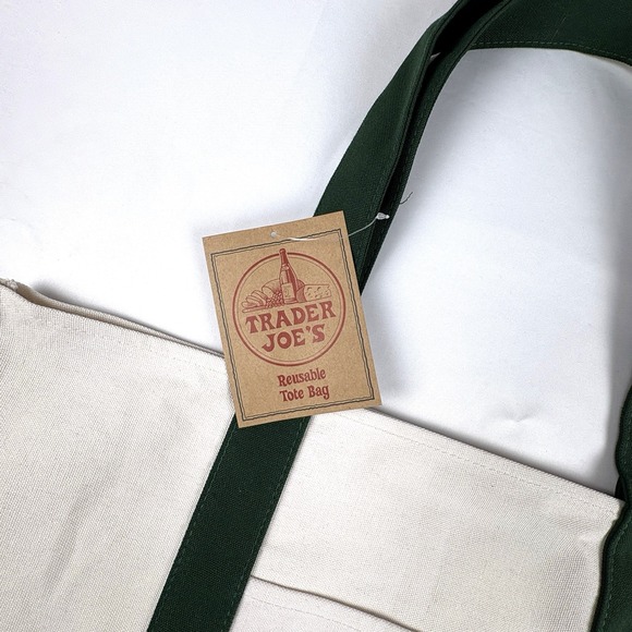 New With Tags Trader Joe's Large Canvas Tote Forest Green Reusable Bag - Picture 4 of 4